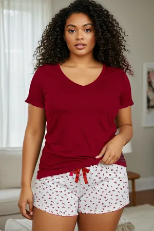 Trendyol Burgunderrot Strukturiertes Baby-overlock-strickpyjama-set Mit Details für Damen - 6XL