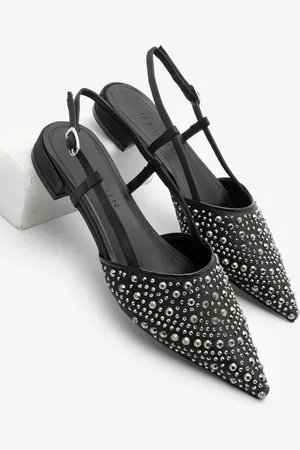 Marjin Ballerinas Mit Spitzer Zehenpartie Und Offenem Rücken, Gestrickt, Stein, Lerum, Schwarzer Satin für Damen - 38