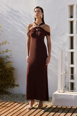 Trendyol Braunes, Figurbetontes, Detailliertes, Gestricktes, Langes, Stilvolles Abendkleid für Damen - 34