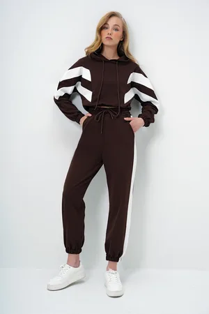 Trend Alacati stili Braunes, Zweifädiges Sweatshirt Mit Kapuze Und Elastischem Bein, Trainingsanzug-set für Damen - 42