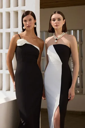 Trendyol Schwarz-weißes, Gerades, Gerades, Rosafarbenes, Gewebtes Finike-maxi-abendkleid Und Heimkehrkleid für Damen - 42