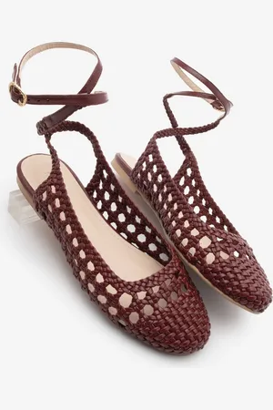Marjin Ballerina Mit Knöchelriemen Und Offenem Rücken, Handgestrickt, Bedar Claret Red für Damen - 40