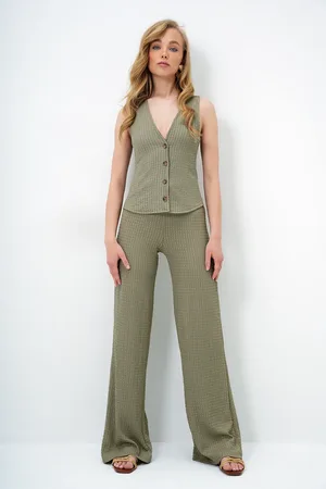 Trend Alacati stili Khakifarbenes Set Aus Weste Und Hose Mit V-ausschnitt Und Knöpfen für Damen - S