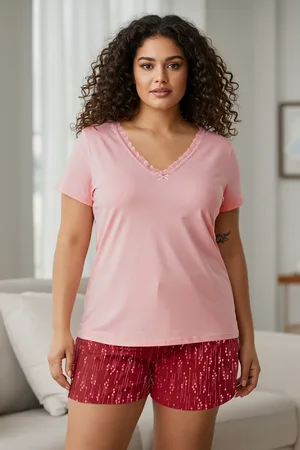 Trendyol Burgunderfarbenes Strick-pyjama-set Mit V-ausschnitt Und Spitzendetail – für Damen - 4XL