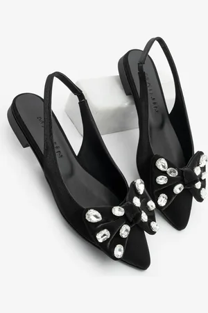 Marjin Ballerinas Mit Spitzer Zehenpartie Und Schleife, Detailliertem Stein, Slingback-ballerina, Lispen, Schwarzer Satin für Damen - 40