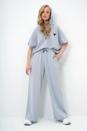 Trend Alacati stili Graues Set Mit Übergroßer Kapuze Und Doppelter Tasche für Damen - 40