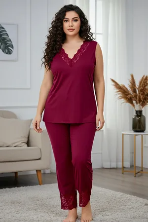 Trendyol Burgunderrotes Spitzen-strick-pyjama-set Mit V-ausschnitt für Damen - XL