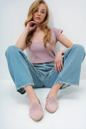 Trend Alacati stili Perlen Bestickte Gestrickte Trikot Flache Hausschuhe für Damen - 38