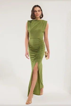Trendyol Ölgrünes, Figurbetontes, Drapiertes, Gewebtes, Langes, Elegantes Abendkleid Für Den Abschlussball für Damen - 36