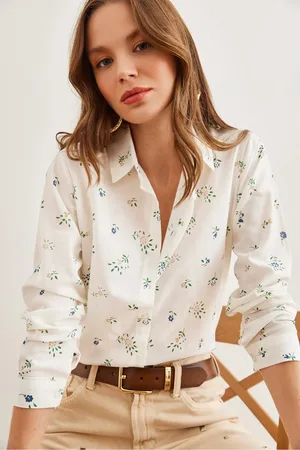 Olalook Nerzfarbenes Leinenhemd Mit Kleinem Blumenmuster – Mit Bündchen, Gml- 19001248 für Damen - M
