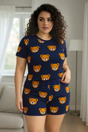 Trendyol Marineblaues, Mit Teddybären Bedrucktes, Gestricktes Baumwoll-pyjama-set für Damen - 5XL
