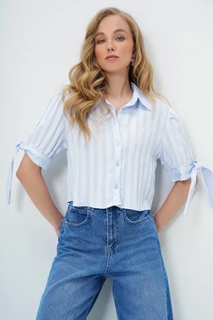 Trend Alacati stili Babyblaues, Selbstgemustertes, Gewebtes Crop-shirt Mit Bündchen für Damen - 38