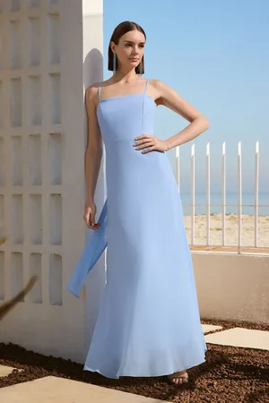 Trendyol Hellblaues, Mit Schleife Gefüttertes, Gewebtes Chiffon-abendkleid In A-linie, Langes Abendkleid Für Den Abschlussball für Damen - 34