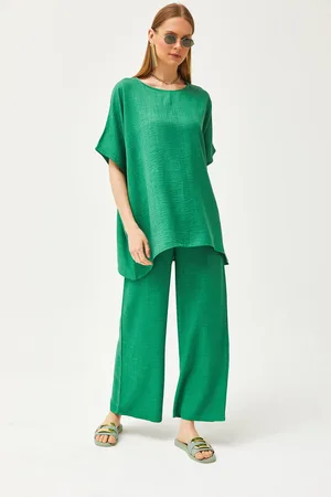 Olalook Anzug Mit Grünem Oberteil, Lockerer Bluse Und Untertasche, Palazzo-anzug Aus Leinen, für Damen - XL