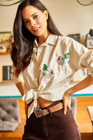 Olalook Gewebtes Boyfriend-hemd Mit Steinvogel-paillettendetail für Damen - M