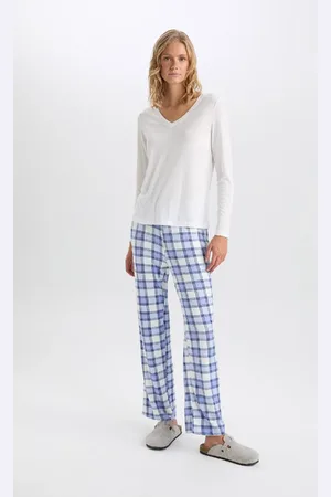 DeFacto Langarm-pyjama-set Mit V-ausschnitt – Basic-modell Mit Karierter Taille Und Gummizug C5438ax24au für Damen - 2XL