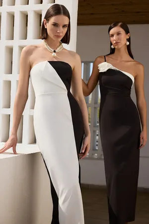 Trendyol Schwarz-weißes, Trägerloses, Gewebtes Abendkleid Für Die Heimkehr für Damen - 34