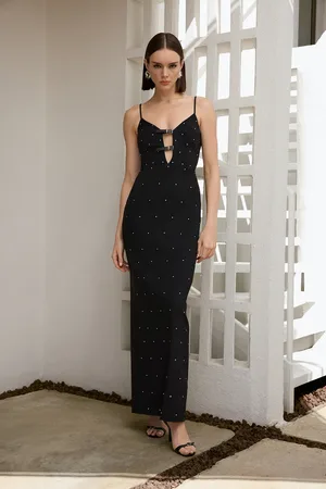 Trendyol Schwarzes, Glänzendes, Mit Strasssteinen Besetztes, Detailliertes, Gewebtes, Langes, Stilvolles Abendkleid für Damen - 40