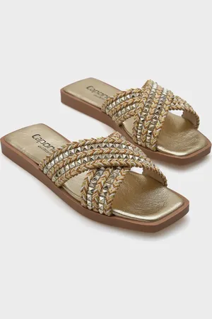 Capone Outfitters Kyla Hausschuhe Aus Stroh Mit Flachem Absatz Und Stumpfer Zehenpartie, Metallzubehör Und Kreuzriemen für Damen - 37