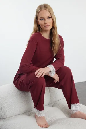 Trendyol Geripptes Strick-pyjama-set Mit Bordeauxroter Schleife/schleife Und Spitze für Damen - M
