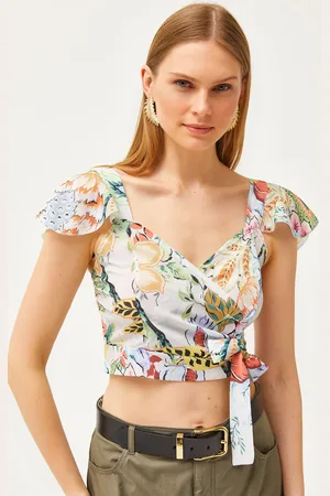 Olalook Mehrfarbige Mos-crêpe-bluse „dschungel“ Mit Seitlichem Reißverschluss Und Ärmeldetail für Damen - L