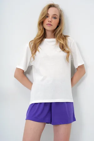 Trend Alacati stili Lilafarbenes Baumwoll-basic-t-shirt Und Gekämmte Shorts, Gekämmtes Oberteil, Set für Damen - 38