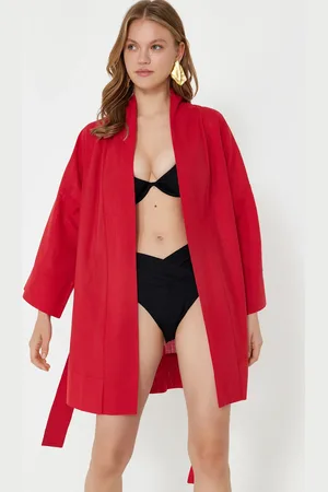 Trendyol Roter Mini-kimono Und Kaftan Aus 100 % Gewebter Baumwolle Mit Gürtel für Damen - XL