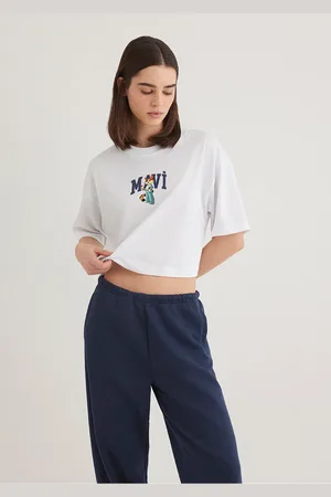 Mavi Weißes T-shirt Mit Katzen-logo-aufdruck, Kurz Geschnitten -620 für Damen - XL