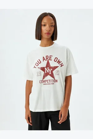 Koton Übergroßes Baumwoll-t-shirt Mit College-print – Rundhalsausschnitt, Kurze Ärmel für Damen - M