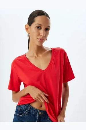 Koton Basic-t-shirt Mit V-ausschnitt, Kurzen Ärmeln, Baumwolle, Reguläre Passform für Damen - L