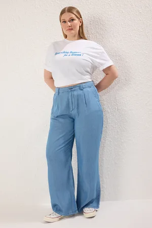 Trendyol Blaue Tencel-jeans Mit Hoher Taille Und Weitem Bein In Übergröße für Damen - 48