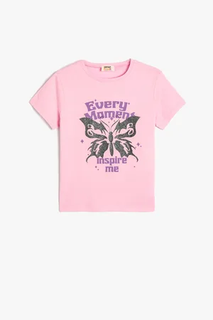 Koton Kurzärmeliges T-shirt Aus Baumwolle Mit Schmetterlings-aufdruck, Rundhalsausschnitt für Damen - 6–7 Jahre