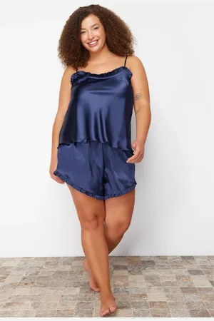 Trendyol Marineblaues Pyjama-set Aus Gewebtem Satin Mit Rüschendetail für Damen - 50