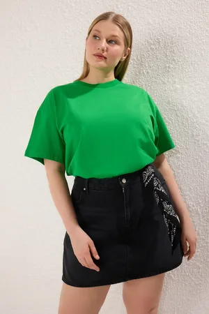 Trendyol Grüner Kragen, Ribaana, Wide Fit, T-shirt Aus 100 % Baumwolle für Damen - 6XL
