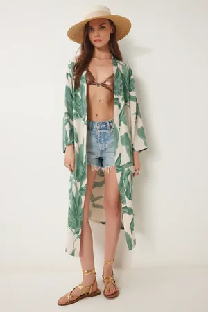 Happiness istanbul Kimono Mit Grünem, Cremefarbenem Muster Und Gürtel für Damen - 36