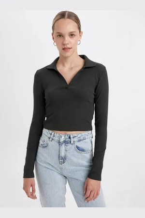 DeFacto Langärmliges, Geripptes Camisole-t-shirt Mit Polokragen für Damen - L