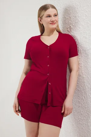 Trendyol Rotes Gestricktes Pyjama-set Mit V-ausschnitt Und Knöpfen für Damen - 2XL