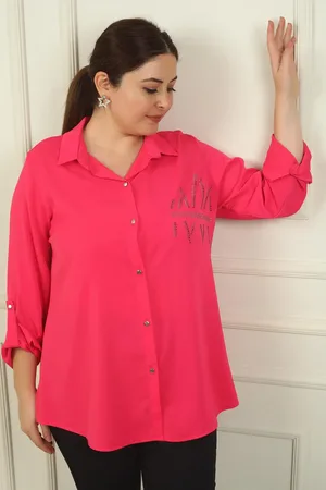 By Saygı Plus Size Hemd Aus Kreppsatin Mit Steindetail – Ärmel Gefaltet für Damen - 5XL