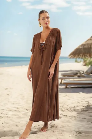Trendyol Braunes Maxi-strandkleid Aus Gewebtem Leinen Mit Schnürung für Damen - 38