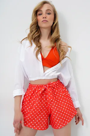 Trend Alacati stili Orangefarbene Strandshorts Mit Doppelter Tasche Und Polka Dot-muster für Damen - 38