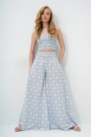 Trend Alacati stili Babyblaue, Taillierte Hose Mit Weitem Bein Und Tailliertem Crop-bustier-anzug Alc-x14058 für Damen - 40