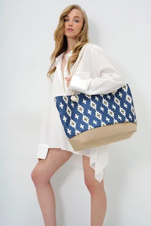 Trend Alacati stili Marineblaue Strandtasche Mit Strohsohle Und Ethnischem Muster In Maxilänge für Damen - One Size