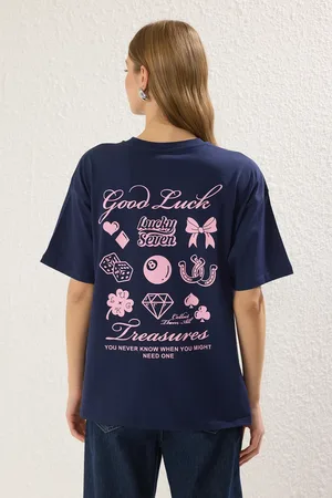 Trendyol Marineblaues, Übergroßes Bedrucktes T-shirt Aus 100 % Baumwolle – für Damen - XL