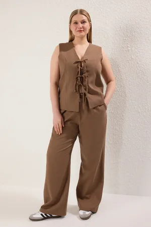 Trendyol Braunes Set Mit Weitem Bein Und Leinen-look, Oberteil Mit Kordelzug Vorne Und Unten für Damen - 42