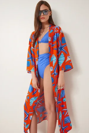 Happiness istanbul Blau Gemusterter, Gewebter Kimono Mit Gürtel für Damen - 36