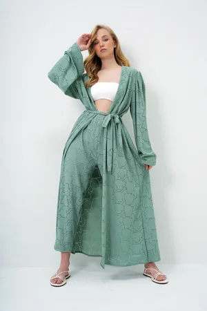 Trend Alacati stili Mintgrüner, Selbststrukturierter, Durchbrochener Kimono-anzug Mit Langen Hosen für Damen - 36