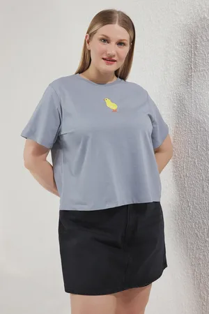 Trendyol Graues, Besticktes Crop-top Mit Rundhalsausschnitt In Übergröße für Damen - 2XL