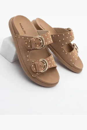 Marjin Hausschuhe Aus Echtem Leder Mit Schnalle Und Nieten, Lipaz, Kamelwildleder für Damen - 39