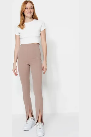 Trendyol Nerzfarbene, Gerippte, Flexible Strumpfhose Mit Hoher Taille Und Schlitz Vorne für Damen - XL
