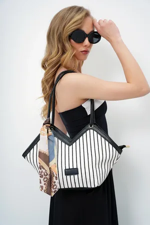 Trend Alacati stili Umhängetasche Aus Schwarzem Leder Mit Kordelzug Und Streifen, für Damen - One Size
